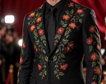 Men's Black Embroidered Cowboy Suit - Floral Blazer, Custom Tailored Wedding suit, Country Concert Suit, prom party suit | menswear