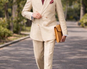 Cream Linen Double Breasted Suit for Men | Summer Wedding Suit | Ivory 2 Piece Suit | Groom Outfit | Vintage Style Tailored Suit Formal wear
