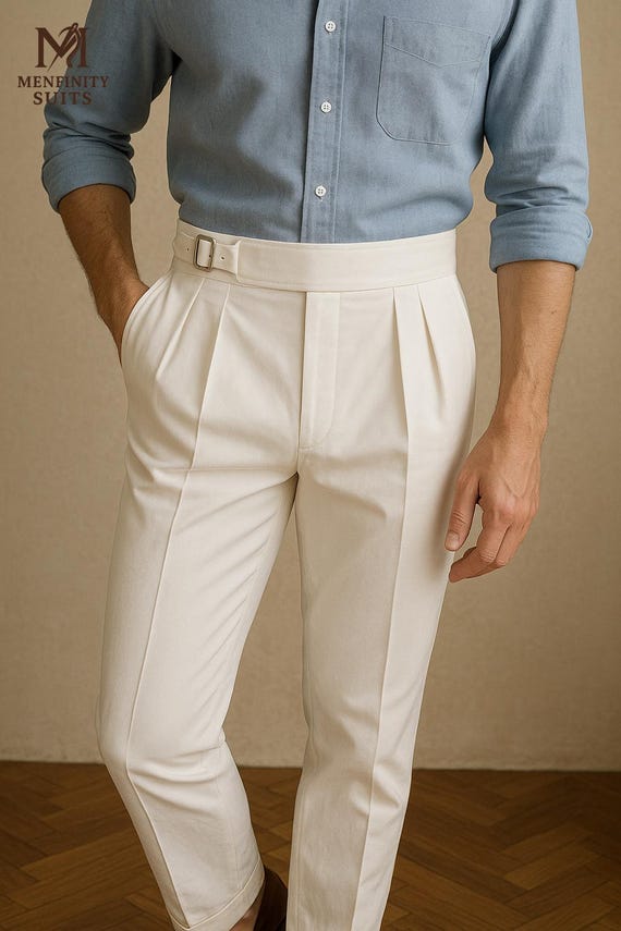 Men's High-waisted White Pleated Trousers  Elegant Tailored Fit |  Menfinity Suits - Etsy
