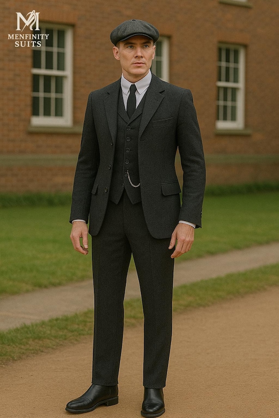 Men's Retro Charcoal Grey Wool 1920s 3-piece Vintage Suit