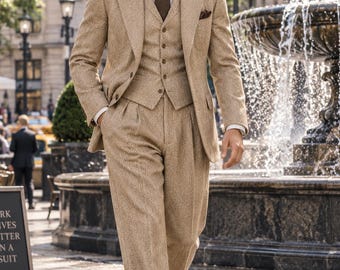 Gatsby Golden Beige Herringbone Tweed Suit | Blazer , Waistcoat & Trousers – Vintage 1920s Peaky Blinders Style | classic 1920s–1930s Suit