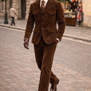 May include: A man in a brown corduroy suit walks down a cobblestone street. The suit includes a jacket with four pockets, matching trousers, and a tie. The outfit is paired with brown leather shoes and gloves. The logo "MENFINITY SUITS" is visible.