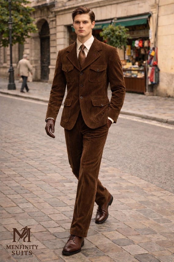 Brown Corduroy Mens Suits | Inspired - Vintage 1930s Style Retro Outfit | Hunting Jacket With 4 Pockets | Hunting Coat | Brown Suits