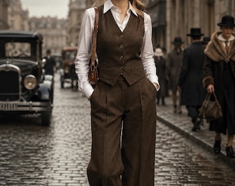 Women’s Brown 1920s Peaky Blinders Suit | Tailored Waistcoat, High Waist Wide Leg Pleated Trousers, Vintage Gangster Outfit
