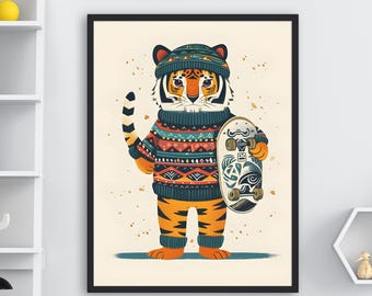 Arte mural de tigre: estampado de monopatín, decoración infantil moderna, póster para sala de juegos, ilustración de tigre, decoración infantil.