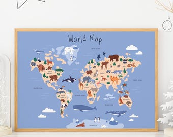 World Map for Kids – Illustrated Animal Map Poster with Continents and Oceans, Fun Educational Wall Art for Classroom and Nursery