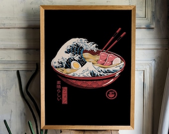 Japanese Ramen Bowl Printable Wall Art,Great Wave off Kanagawa Print,Ramen Noodles Wave Painting,Katsushika Hokusai Kitchen Wall Art