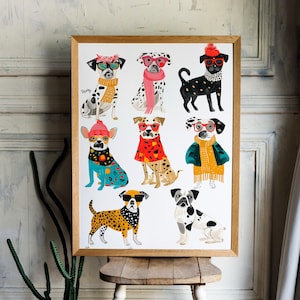 Trendy Dogs in Winter Clothes – Cute Cartoon Illustration of Stylish Puppies with Glasses, Scarves and Hats