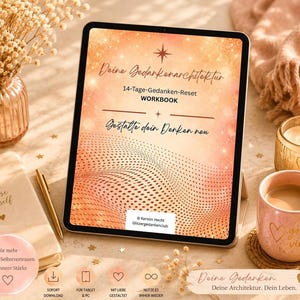 Könnte beinhalten: Ein digitales Tablet mit einem Arbeitsbuch mit dem Titel 'Deine Gedankenarchitektur 14-Tage-Gedanken-Reset WORKBOOK' auf einem pfirsichfarbenen Hintergrund mit gepunktetem Wellenmuster, einem Sternsymbol und dem Text 'Gestalte dein Denken neu'.