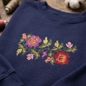 May include: A navy blue crewneck sweatshirt featuring a central cross-stitch embroidery design of flowers and leaves in shades of red, pink, purple, and green. The garment has long sleeves with ribbed cuffs and a ribbed neckline, showcasing detailed needlework.
