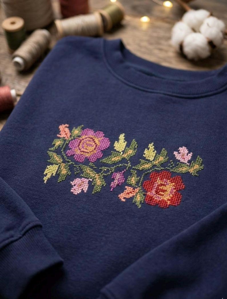 May include: A navy blue crewneck sweatshirt featuring a central cross-stitch embroidery design of flowers and leaves in shades of red, pink, purple, and green. The garment has long sleeves with ribbed cuffs and a ribbed neckline, showcasing detailed needlework.
