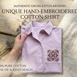 Hand Embroidered Cotton Shirt, Boho Folk Art Blouse, Pastel Lavender Pink Top