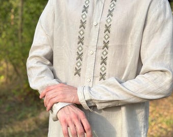 Camisa de lino bordada a mano para hombre, Vyshyvanka ucraniana, top de arte popular boho