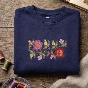 Hand Embroidered Floral Sweatshirt, Dark Navy Blue Cottagecore Pullover, Folk Art Sweater image 9