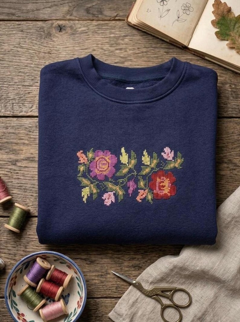 Hand Embroidered Floral Sweatshirt, Dark Navy Blue Cottagecore Pullover, Folk Art Sweater image 9