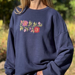 Hand Embroidered Floral Sweatshirt, Dark Navy Blue Cottagecore Pullover, Folk Art Sweater image 1