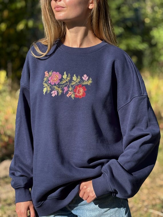 Hand Embroidered Floral Sweatshirt, Dark Navy Blue Cottagecore Pullover, Folk Art Sweater