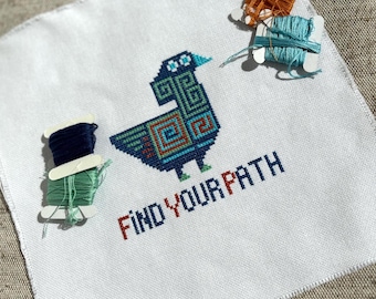 Geometric Bird Cross Stitch Kit, Modern Folk Animal Embroidery, Beginner Craft Set