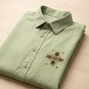 Puede incluir: Una camisa de color verde salvia claro con cuello en punta y tapeta central con botones a juego. La parte delantera de la camisa presenta un peque&ntilde;o y detallado patr&oacute;n de bordado en punto de cruz en tonos marr&oacute;n, verde y amarillo.