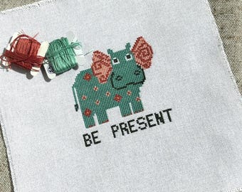 Hippo Cross Stitch Kit, Beginner Embroidery Set, Zweigart Aida, DMC Floss, Folk Animal Craft
