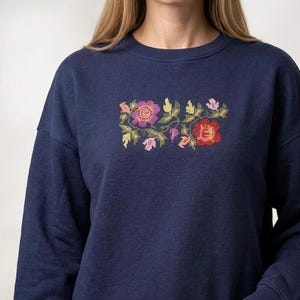 Hand Embroidered Floral Sweatshirt, Dark Navy Blue Cottagecore Pullover, Folk Art Sweater image 10
