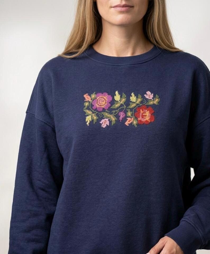 Hand Embroidered Floral Sweatshirt, Dark Navy Blue Cottagecore Pullover, Folk Art Sweater image 10