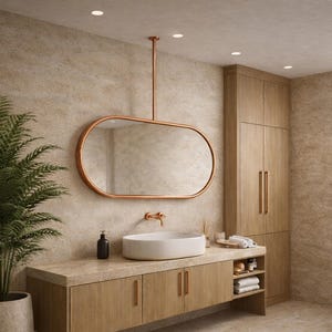 Pode incluir: Uma casa de banho moderna com uma bancada de madeira clara, uma pia oval branca e um espelho oval com moldura de cobre. Um armário alto de madeira e uma planta em vaso complementam o design minimalista da divisão. As paredes e o chão têm um acabamento neutro e texturizado.