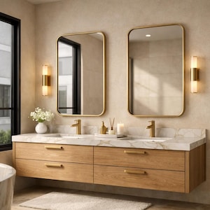 Zaokrąglone, prostokątne lustro z metalową ramą – lustro toaletkowe Farmhouse z podwójną umywalką