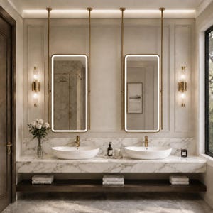 May include: A double bathroom vanity featuring two white oval vessel sinks with gold faucets, mounted on a white marble countertop. Two rectangular mirrors with integrated LED lighting are suspended from the ceiling by gold metal rods.