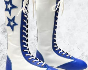 Pro Wrestling Star Boots Handmade Leder Kniehoch Schnürung Weiß Custom Made