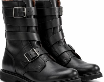 Men's Black Leather Biker Boots Motorcycle Buckle Mid Calf Riding Boots Rugged Handmade Footwear