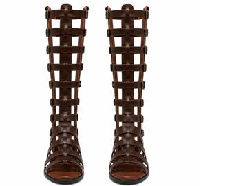 Men's Brown Leather Gladiator Knee High Roman Buckle Strappy Sandals Open Toe Festival Medieval Summer Footwear