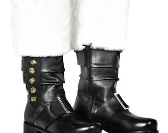 Botas de Papá Noel personalizadas, zapatos navideños de cuero hechos a mano con ribete de piel sintética blanca y hebilla, calzado para cosplay.
