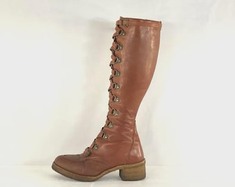 Vintage 70er Jahre Schnürstiefel Damen Braun Kampus Hippie Boho Winter Kniehoch Retro Sternzeichen Stiefel