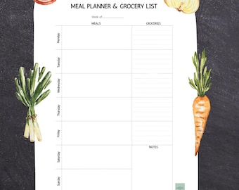 Può includere: Meal Pan pianificatore di pasti e lista della spesa. La carta bianca ha un layout settimanale per la pianificazione dei pasti e la lista della spesa. Illustrazioni ad acquerello di verdure e un pollo arrosto circondano la carta. Una matita è in basso.