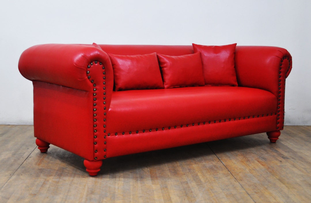 Red Leather Chester 2 seater Sofa Etsy UK