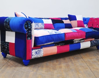 Chesterfield Patchwork Sofa - blue & white