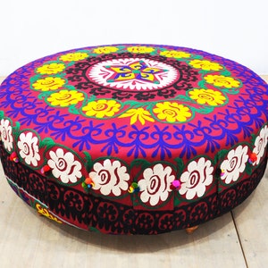 Suzani round ottoman - purple sun