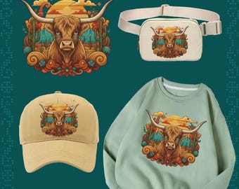 Golden Dusk Highland Cow PNG | Western Desert Sublimation Design (Digital Download)