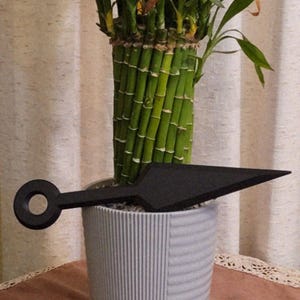 May include: A black kunai knife rests in a white and gray striped planter with a green bamboo plant. The planter sits on a brown surface. The text "@Turtle Rangler" is at the bottom left.