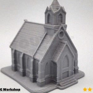 May include: A grey miniature church model with a detailed design, including a steeple, arched windows, and a textured roof. The model is 3D-printed and sits on a rectangular base. The image includes the text "@Triple C Workshop".