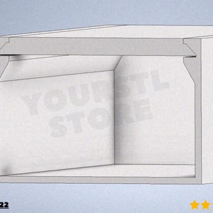 Puede incluir: Una representaci&oacute;n 3D de una caja blanca con la parte superior abierta, lados angulados y una parte superior empotrada. El texto "YOUR STL STORE" es visible en el interior. El dise&ntilde;o es simple y geom&eacute;trico.