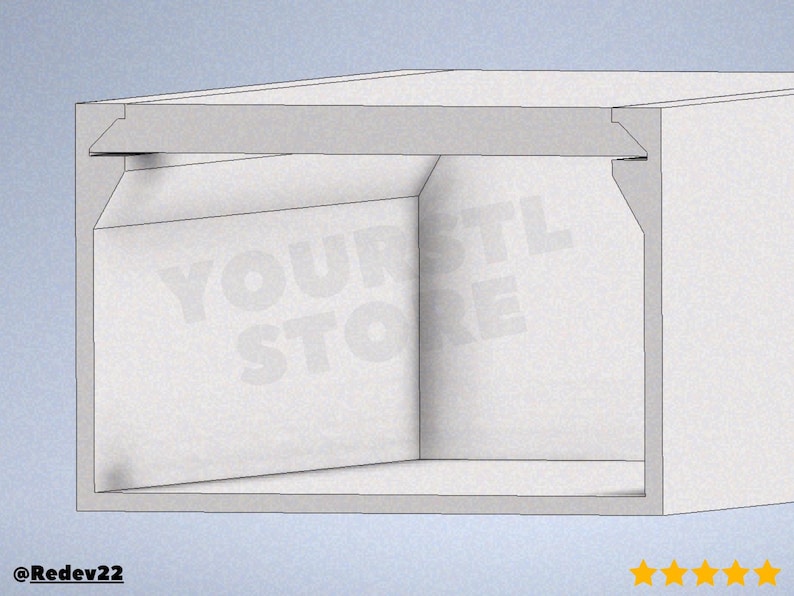 Puede incluir: Una representaci&oacute;n 3D de una caja blanca con la parte superior abierta, lados angulados y una parte superior empotrada. El texto "YOUR STL STORE" es visible en el interior. El dise&ntilde;o es simple y geom&eacute;trico.