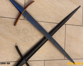 May include: A blue and brown sword with a black scabbard is crossed over another sword. The sword has a blue blade and a brown crossguard. The scabbard is black. The background is a light brown tile.