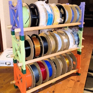 Può includere: Un portarotoli in legno multicolore pieno di bobine di filamento di vari colori. Il portarotoli è dipinto in tonalità di arancione, verde e viola. Le bobine sono piene di filamento in colori come nero, bianco, blu e rosso. Il portarotoli è su una superficie di legno.