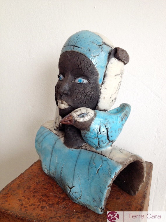Raku Sculpture Raku Woman Ceramic Bust With Bird Artwork