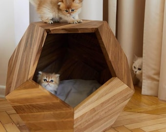 Luxury Solid Wood Cat House – Architectural Oak or Walnut Designer Pet Furniture, Modern Statement Cat Cave for Elevated Homes