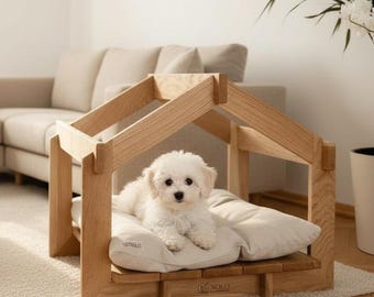 Luxury Cat House Solid Oak, Cozy Cat Bed Indoor, Premium Cat Cave, Comfortable Pet House, Small Dog Bed, Modern Cat Furniture