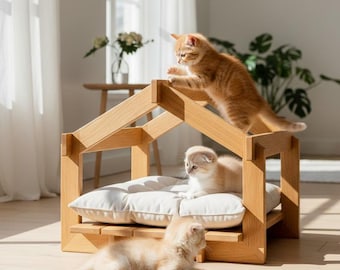 Hundehaus aus massivem Eichenholz, Luxus-Katzenhaus aus Holz, skandinavisches Haustierhaus, Premium-kleines Hundebett, moderne Haustiermöbel