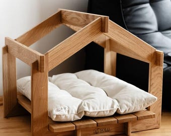 Luxury Indoor Wooden Pet House, Natural Oak Designer Cat & Small Dog Furniture, Handmade Modern Pet Cave